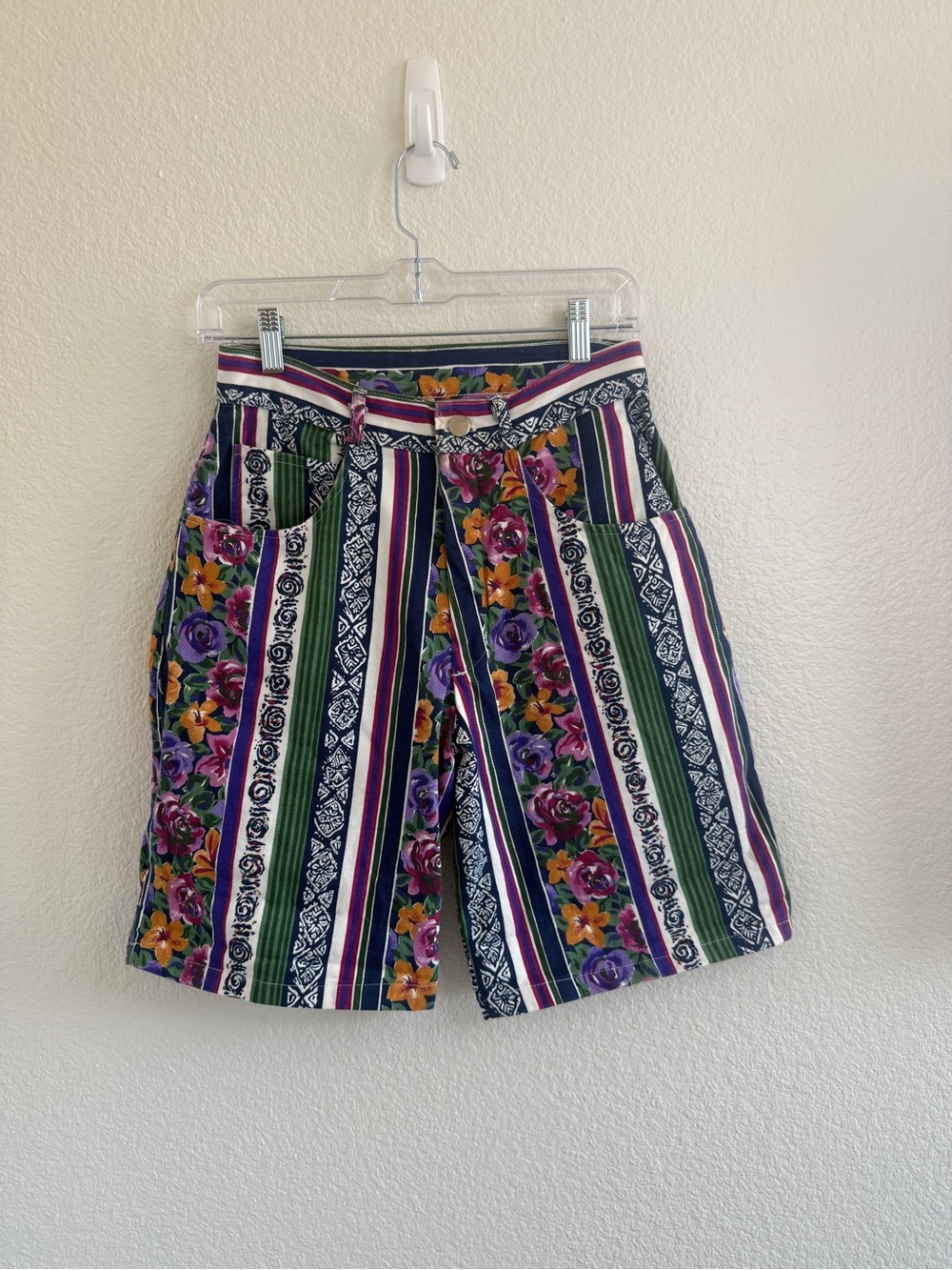 Vintage Striped Floral High-Rise‎ Women’s Long Jean Shorts by Josh Wear